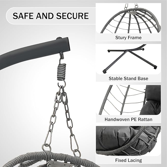 Hanging Egg Chair with Stand Outdoor Indoor Rattan Wicker Swing Chair Foldable Patio Hammock with Cushion Dark Grey 350 LBS Capacity (Dark Grey)