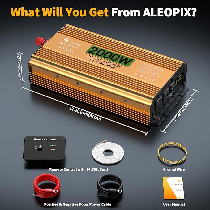 2000 Watt Inverter 12V DC to 110V/120V AC Pure Sine Wave Inverter for Truck/RV/Home/Solar/Off-Grid Surge 4000W Pure Sine Power with 2 AC Sockets 5V 3.4A USB Digital Display Remote Controller