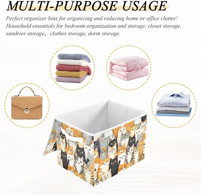 Group Of Cats Storage Cube Bins Basket with Lid Collapsible Flip-top Fabric with Handle for Home Bedroom Closet Office 16.5×12.6×11.8 in