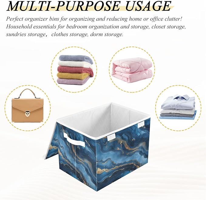 Gold Navy Blue Marble Storage Bins with Lids Foldable Storage Boxes Cube Closet Storage Baskets Container Organizers for Home Bedroom Office