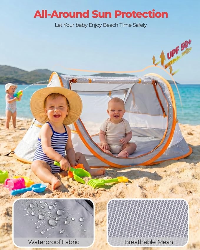 Poray Portable Baby Beach Tent with UPF 50+ Sun ShelterMosquito Net and Sunshade Ideal Pop Up Kids Travel Tent with Carry Bag &amp 2 StakesOutdoor Indoor Play and Sun Protection