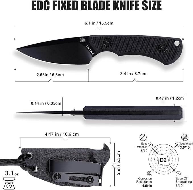 Tactical EDC Fixed Blade Knife with Sheath and clip 2.7 in Blade Small Fixed Knives for Outdoor Camping Survival Bushcraft Camp knife made of D2 steel and G10 Ergonomic handle (Black)