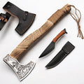 Hand Forged Viking Axe and Knife Set with Leather Sheaths - Carbon Steel Bearded Viking Hatchet Carved Wooden Handle Throwing Axe for Camping Survival Bushcraft Splitting Chopping &amp Hiking