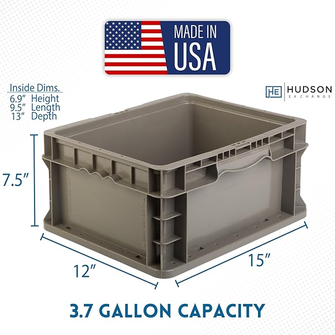 Hudson Exchange 12 x 15 x 7.5 (4 Pack) Straight Wall Handled Storage Container Tote Gray/Brown
