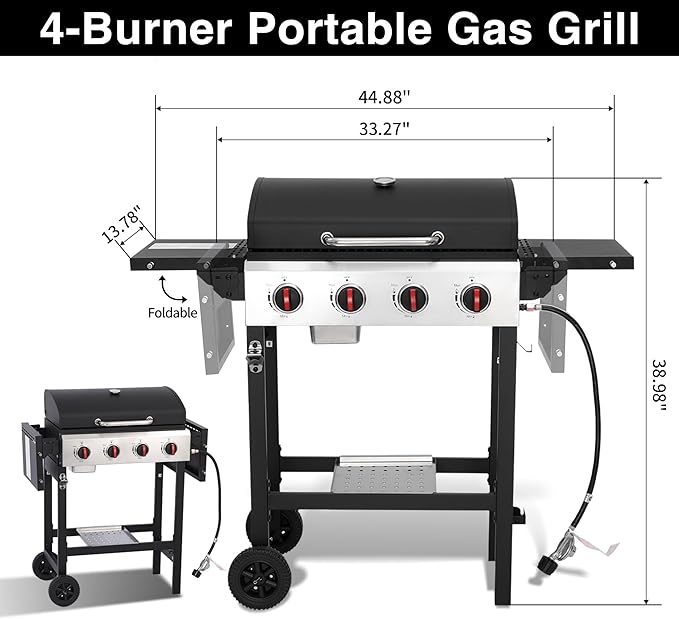 4 Burner Gas Grills Outdoor Cooking Propane Gas Grill BBQ Grill Portable Barbecue Grills with Cast Iron Grate Pan and Folding Side Table 40000 BTU Output Easy-Clean