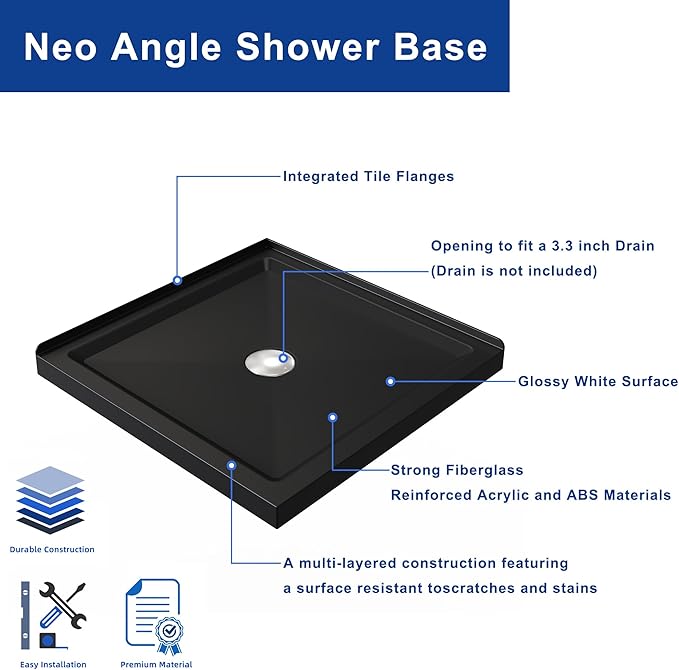 Shower panGoodyo 36 x 36 Shower Base with Double Threshold and Center Drain Black No Drain Kit