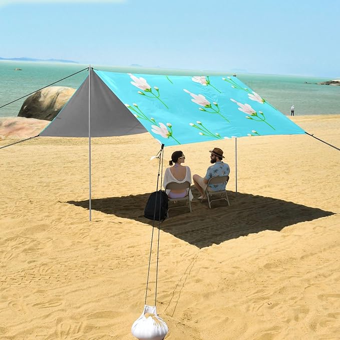 Beach Canopy with Windproof Ropes &amp Sandbags Beach Tent Sun Shade Sun Shelter for Camping Trips Fishing Backyard Fun or Picnics Flowers