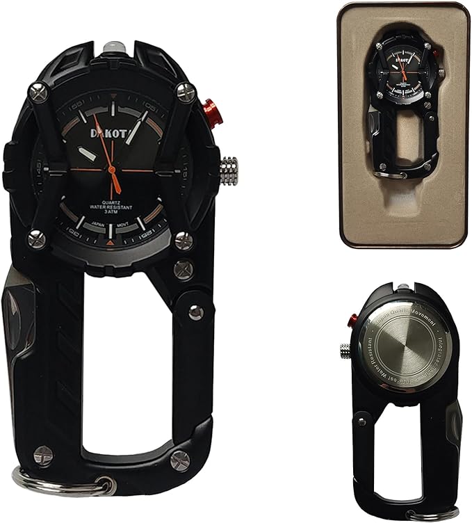 Multitool Clip Watch for Men – Black | 100ft Water Resistant Clip-On Watch with LED Light Bottle Opener Screwdriver &amp Carabiner – Outdoor Work Camping Hiking Tool