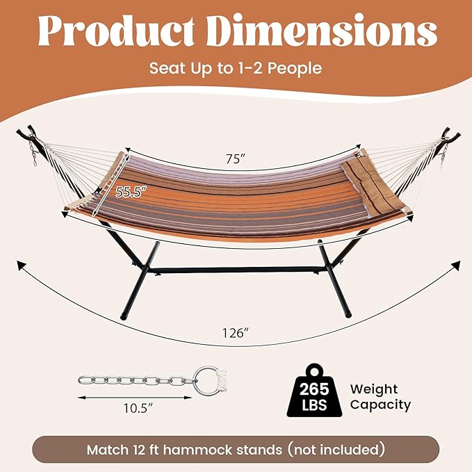 Tangkula 10.5FT Double Hammock Heavy Duty Outdoor Hammock with Curved Spreader Bars Detachable Pillow 2 Person Hammocks for Outside Porch Patio (Stand is not Included) (Coffee)