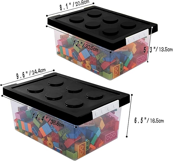 loobuu Plastic Storage Bins with Lids - Stackable Toy Storage Organizer Box Set of 2 Toy Chests with Compatible Building Baseplate and Lid Storage Container for Building Bricks &amp Toys- Black