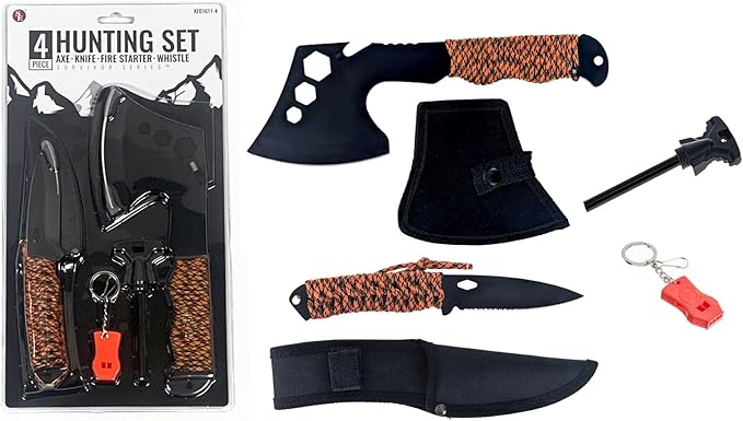SE 4-Piece Survival Essentials Kit with 10.5-Inch Axe 8-Inch Drop Point Knife Magnesium Fire Starter &amp 115dB Whistle - Hunting &amp Outdoor Gear