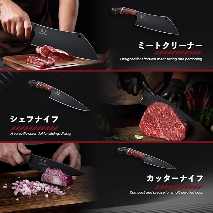 Japanese Chef Knife Set - 3 PCS Kitchen Utility Knife Sets for Cooking Meat Cleaver Knives Set with Full Tang Wooden Handle Gift for Birthday