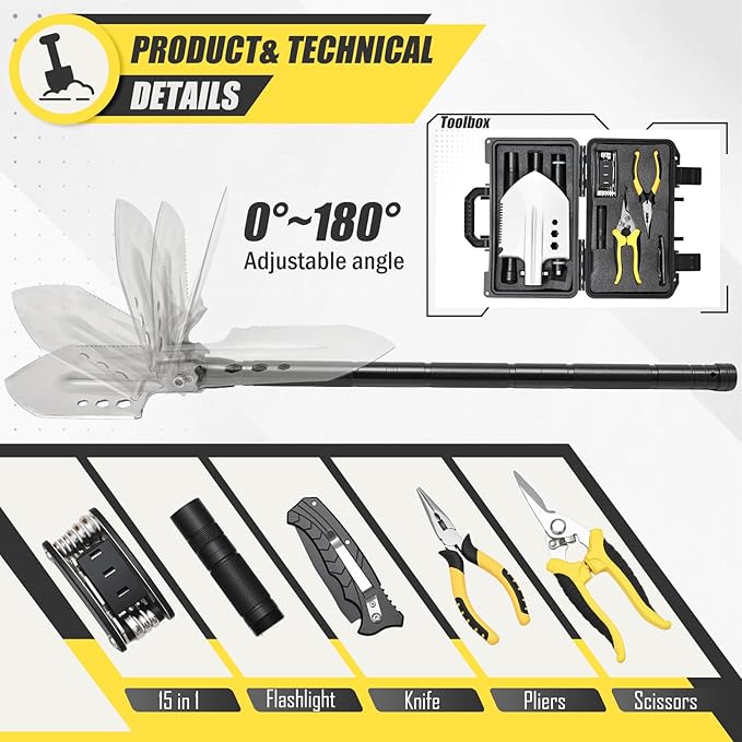 Folding Camping Shovel Axe KitMultifunctional Survival Shovel with Stainless Steel Pickaxe pliersCompassLocking scissorsMagnetic flashlight- For Camping Snow Hiking Survival Gear