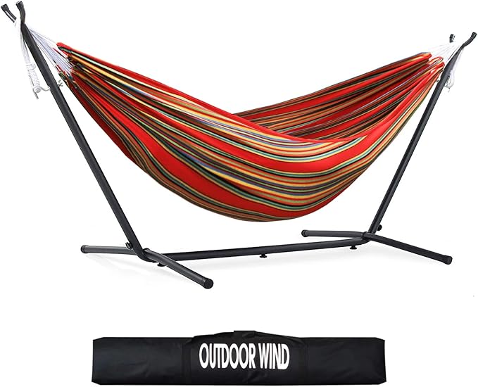 550lbs Capacity Double Hammock Adjustable Hammock Bed with 10ft Heavy Duty Steel Stand Includes Portable Carrying Case Easy Set up Red Pinstrip B