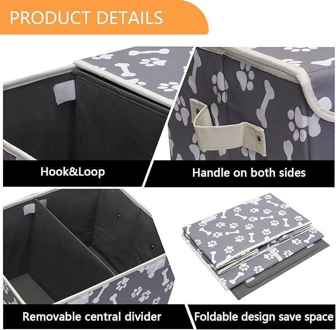 Pet Toy Storage Box with Lid Basket Organizer - Perfect Collapsible Bin for Living room Playroom Closet Home Organization - Bone Paw