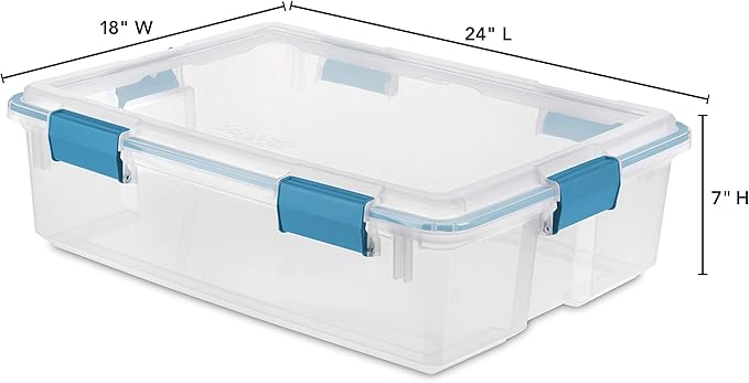 Sterilite 37 Qt Gasket Box Stackable Storage Bin with Latching Lid and Tight Seal Plastic Container to Organize Underbed Clear Base and Lid 4-Pack