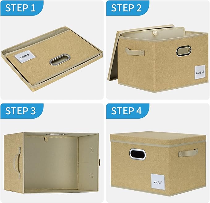 LHZK Extra Large Storage Bins with Lids [3-Pack] Linen Fabric Foldable Storage Boxes for Closet Organization 15.75x11.8x10.2 Stackable Storage Containers Storage Baskets for Organizing (Beige)