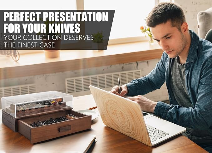 Pocket Knife Display Case for 16 Knives - Wooden Knife Collection Case Clear Cover - Two-Tier Knife Cases for Collections with a Removable Drawer Insert for Other EDC Items EDC Case - Brown