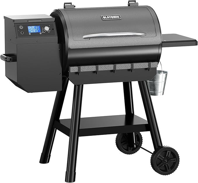 LCD Control Wood Pellet Smoker Grill 456 SQ. IN Cook Area Pellet Grill with Auto Feed &amp Leaking Waste 500°F Max Temperature 8 in 1 BBQ Grill with Meat Probe Side Table with Hooks(Black)