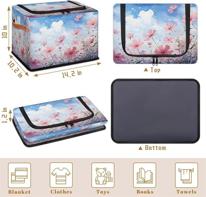 KOBLEN Poppies Seamless Pattern Storage Basket Collapsible Rectangular Storage Bins with Zipper Lid Handle Closet Shelf Cloth Organizer Basket for Nursery Bedroom Clothes Toy 2 Pack