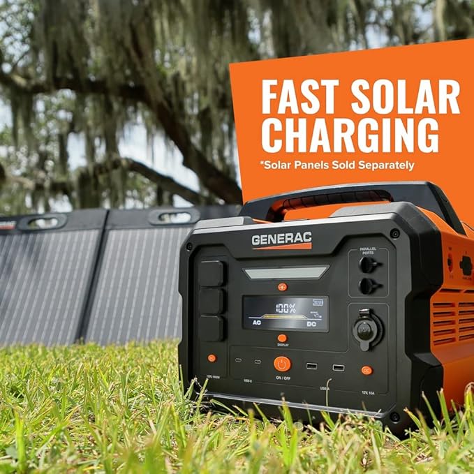 Generac 1086Wh Portable Power Station with Lithium-Ion Battery - Clean Emission-Free Power - Wirless Charging Pad and Compact Design - Camping RV Indoor/Outdoor Use - Orange/Black