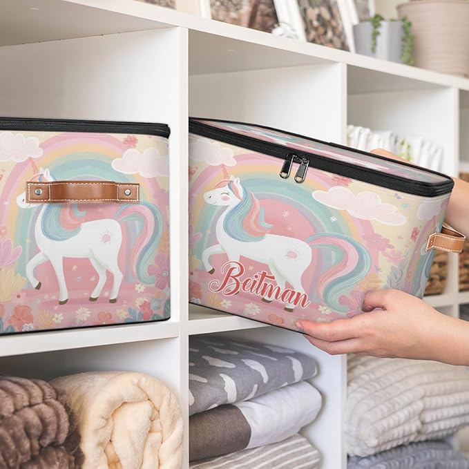 Storage-Bins with Lids Handle Customized Stackable-Storage-Bin for Kids-Boys-Girls-Toys Cube Collapsibl Basket Flowers Unicorn Rainbow