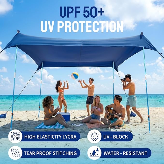 CROWN SHADES 10x10 Beach Tent Sun Shelter Easy Pop Up Beach Canopy Shade Portable Outdoor Carpas UPF50+ Includes 4 Poles Adjustable Aluminium Extra-Large Big Sand Shovel Dark Blue