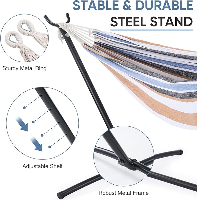 DUMOS Double Hammock with Space Saving Stand Heavy Duty Steel Frame Portable for Outside &amp Indoor Use 450lbs Capacity Easy Assembly Carrying Bag Included Beige