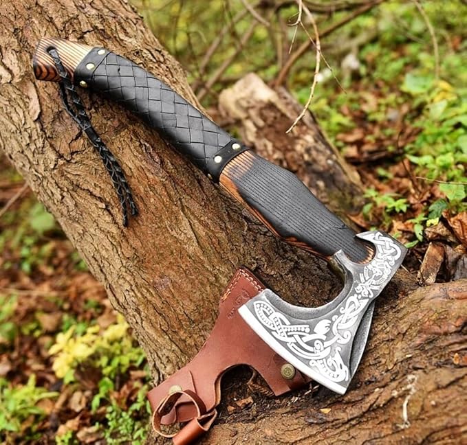 Viking Axe - 20 Inch Long Handle Custom Hand Forged Carbon Steel Combat Axe - Hatchete with Leather Sheath - Bearded Axe for Wood Cutting - Outdoor &amp Camping Axe by Empire Industry