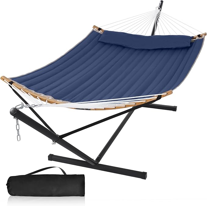 2 Person Hammock with Stand Included Outdoor Hammock with Curved Spreader Bar Pillow and Carrying Bag 450 Lbs Capacity Navy Blue