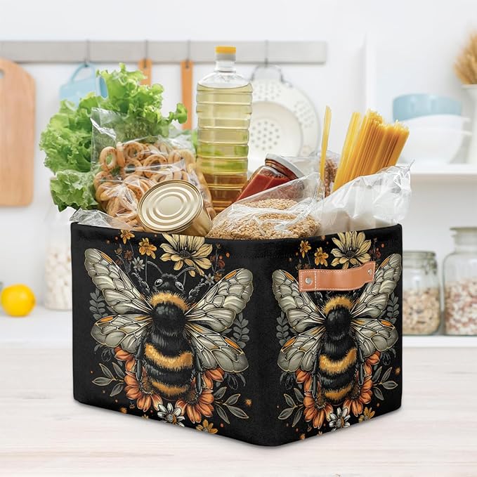 Pardick Basket Storage Bins Animal Bee Black Rectangle Cube Basket Box Kids Girls Boys Toys Organizer Beaket Decor Foldable with Handle for Living Room Bedroom Closet Nursery Office Shelf Gifts