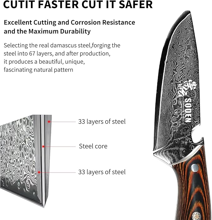 SODEN Damascus Camping KnifeVG-10 Fixed Blade Survival Tool with Bottle Opener for Outdoor Hunting &amp Hiking | Full Tang &amp Ergonomic Handle