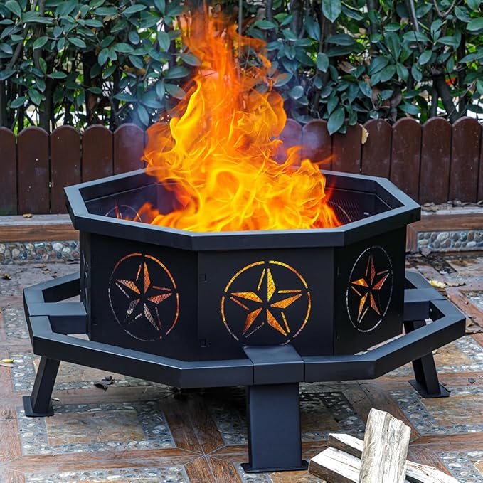 Verdeluxe 35 Inch Octagonal Fire PitOutdoor Fire PitWood Burning Firepit for BonfireFirepits for OutsideCamping Backyard PatioBonfireGarden