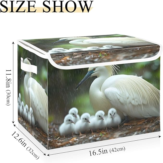 AIXIWAWA Lidded Storage Cube (White Bird Family) Fabric Foldable Closet Bins with Flip Lid and Handles Organizer Basket Container 16.5 x 12.6 x 11.8 IN