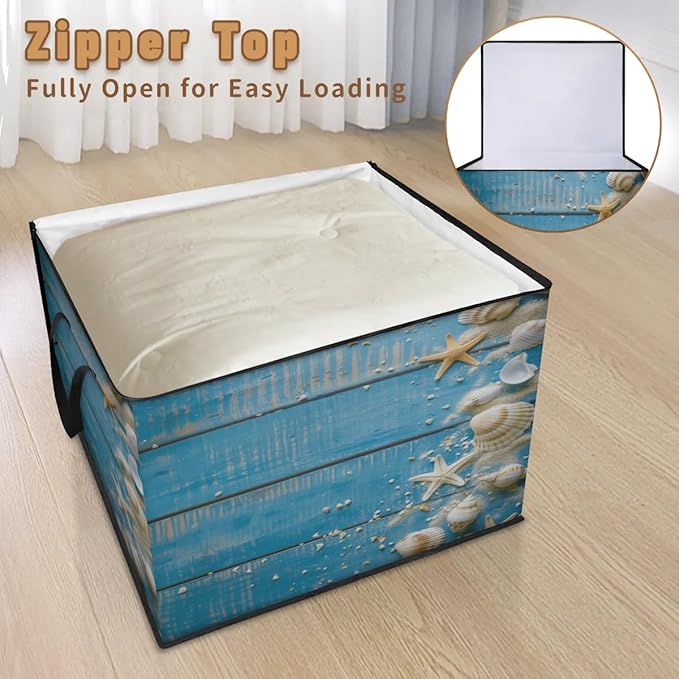 XL Large Clothes Storage with Lid Handle Summer Beach Large Thick Clothes Blanket Storage Containers for Organizing Bedroom Closet Comforter Beach Theme Seashells Starfish
