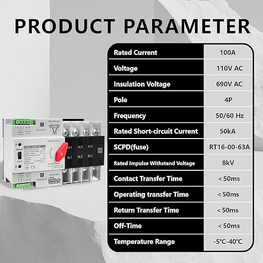 Mini ATS Automatic/Manual Transfer Switch 4P 100A AC110V W2R 50/60HzAuto Dual Power Switch for Home Generatorwith Din Rail