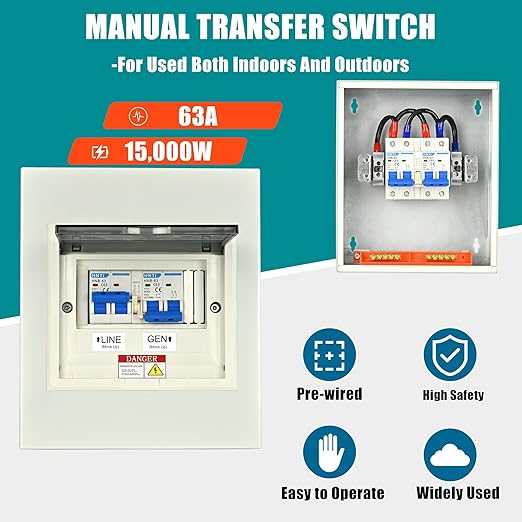 Transfer Switch for Home Generator Upgraded 63 Amp Generator Transfer Switch 120/240V Manual Transfer Switch for Outdoor and Indoor Use (Pre-Wired)