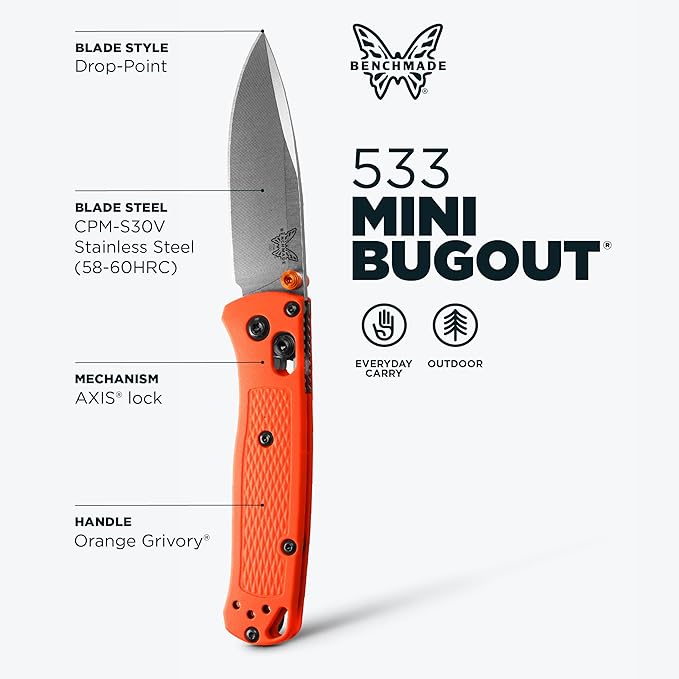 Benchmade - Mini Bugout Outdoor EDC Folding Knife Drop-Point Blade with Orange Grivory Handle (533)
