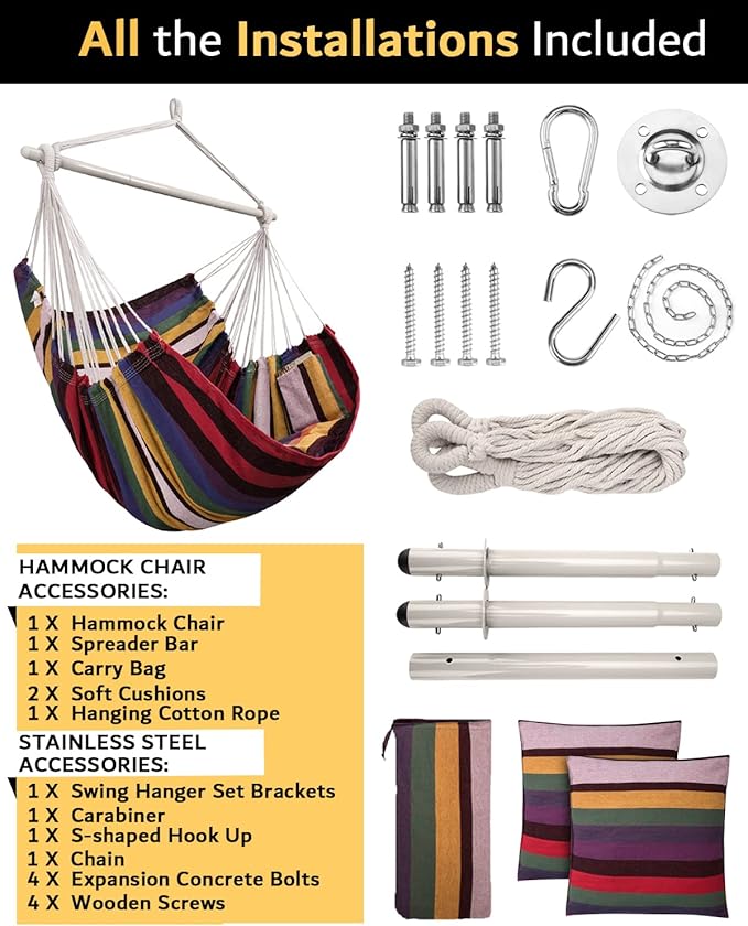 XXL Hammock Chair Hanging Rope Swing with 2 Cushions - Max 500lbs-Perfect for Patio Porch Bedroom Backyard Indoor or Outdoor - Includes Hanging Hardware Kits Rainbow