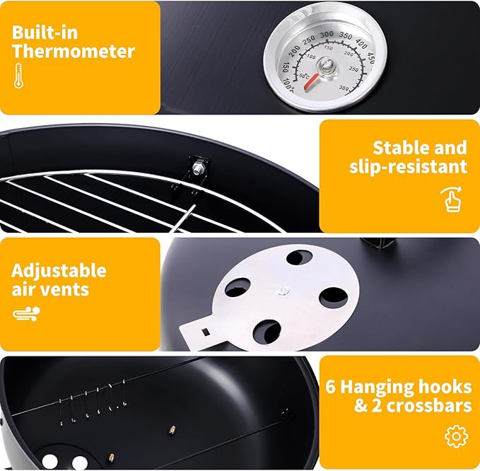 17 inch Vertical Charcoal Smoker BBQ Grill Fire Pit 3-in-1 with Built-in Thermometer Adjustable Air Vent Idea for Parties Backyard Patio Camping