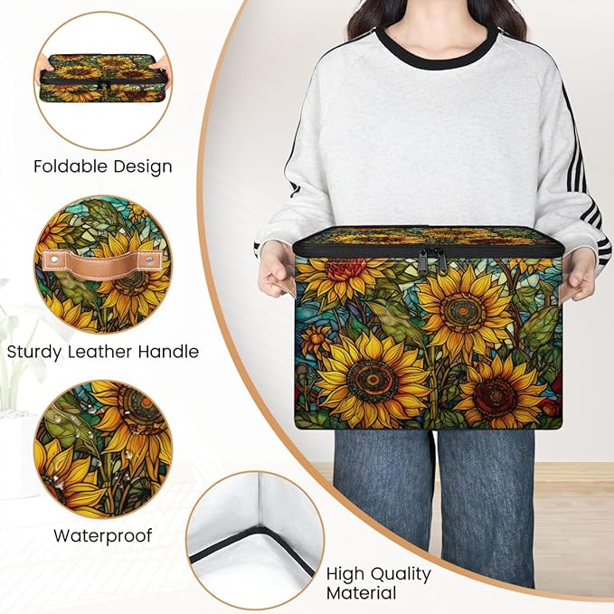 Sunflower Oil Painting Storage Bins with Zipper Lid Fabric Storage Containers for Clothes Collapsible Closet Storage Basket with Metal Frame 2 Pack
