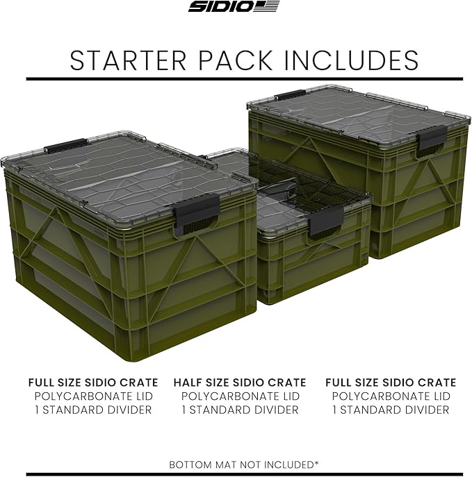 SIDIO CRATE Starter Pack - Two Full Size and One Half Size SidioCrate Stackable Outdoor Organizer Storage Bins with Clear Lid and Dividers - Green