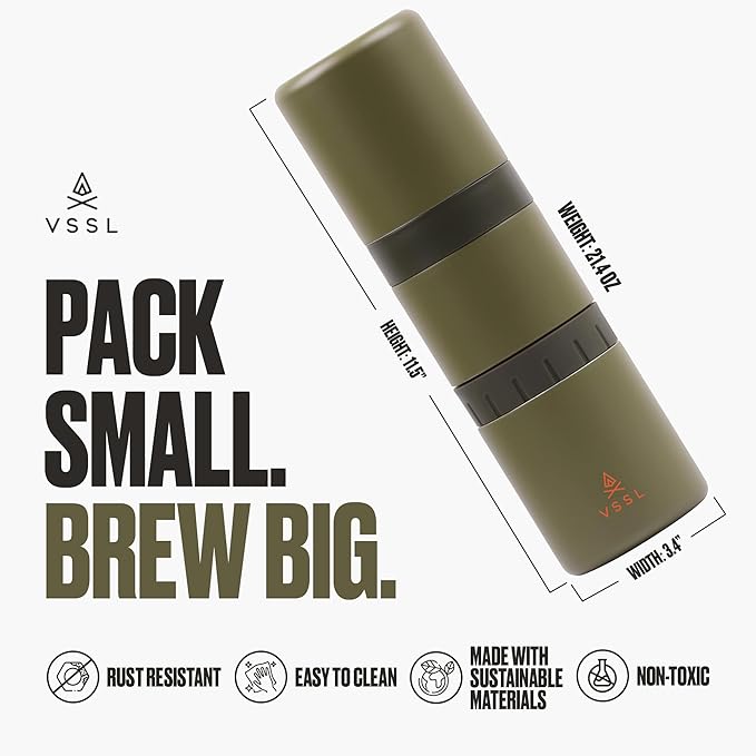 VSSL - Nest Pour Over Coffee Kit | Coffee Maker for Camping | All-In-One Travel Pour Over | Transportable Dripper Two 10oz Stainless Steel Travel Mugs | Compact Storage &amp Adventure Ready | Deep M