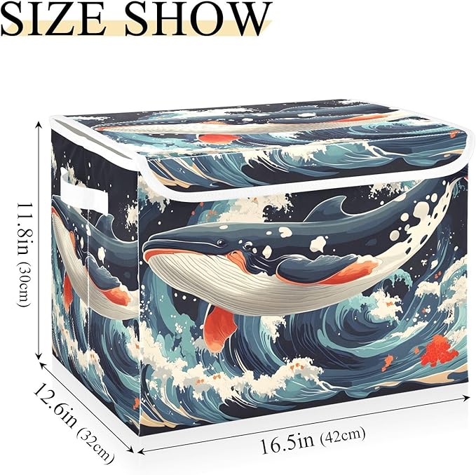 Storage Cube with Lid Japanese Whale Print 16.5×12.6×11.8 IN 1 Pack Collapsible Large Capacity Foldable Storage Basket Bin Organizer