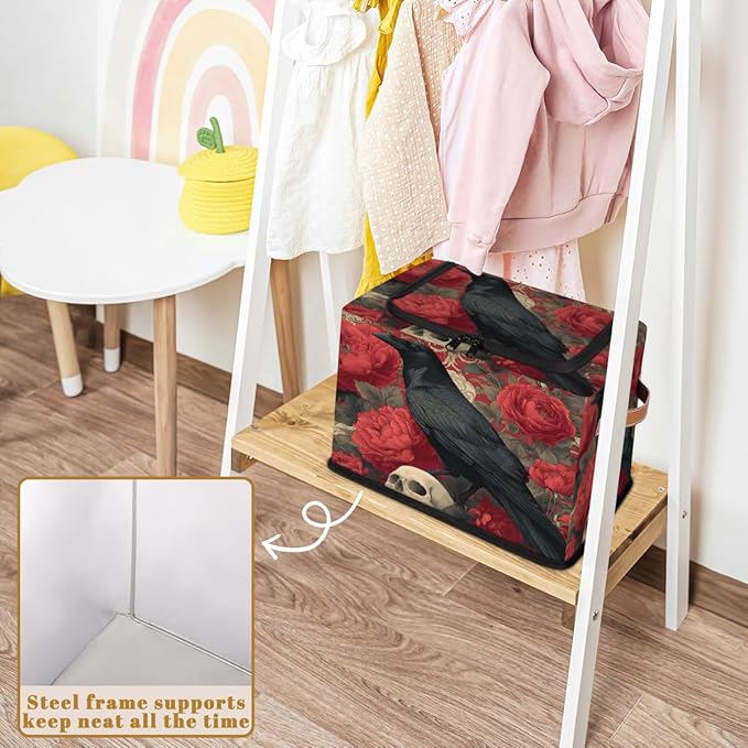 Halloween Raven Storage Bins with Lids Skull Flower Collapsible Cube Storage Basket with Leather Handle Foldable Storage Box with Lids for Organizing Home Closet