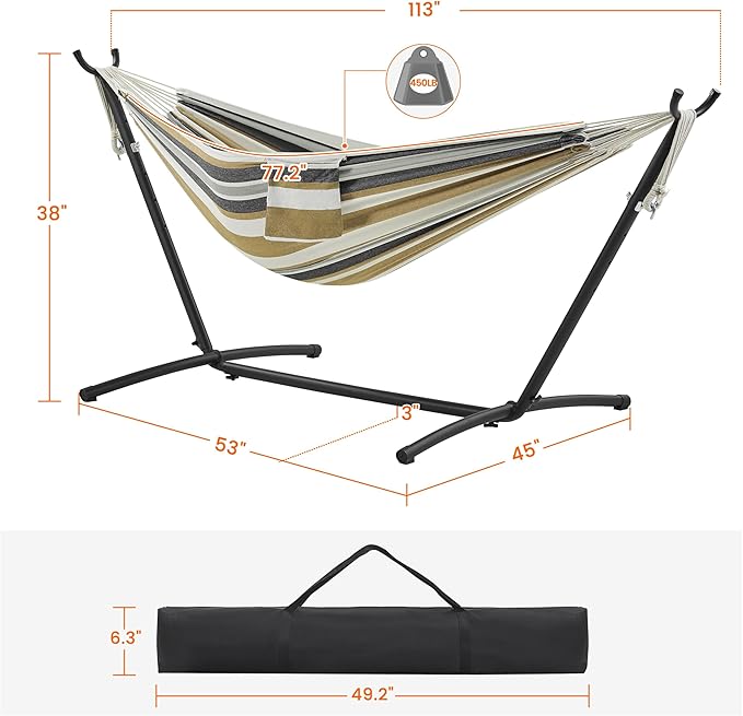 Yaheetech Double Hammock w/Stand 2-People Hammock &amp Stand Set w/Storage Bag &amp Carrying Bag Outdoor/Indoor Heavy-Duty Portable Hammock 450LB Capacity - Desert Stripe