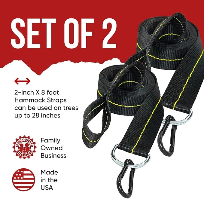 Hammock Straps - Set of 2 Hammock Tree Straps with Heavy Duty Carabiner Clips - 2 Inch X 8 Foot Long Straps for Hammock Camping 4000 lb Webbing - Made in USA Black