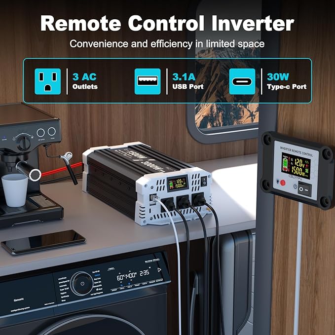1500 watt Pure sine Wave Inverter 12V DC to 110V AC Power Inverter Used for Solar Emergency Power Supply in RV Homes with 3 AC Output sockets USB Port Type-C Port Remote Control with LCD Screen