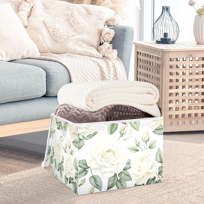 Flower Baskets Collapsible Storage Bins with Lids White Rose Flower Storage Boxes Clothes Baskets for Organizing