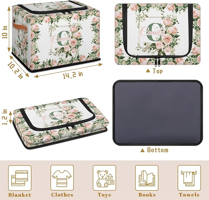 Personalized Rose.flower Initials Storage Bins with Zipper Lid Custom Fabric Storage Boxes Foldable Closet Organizers Cubes for Clothes Shelves Home Decorative 2PCS